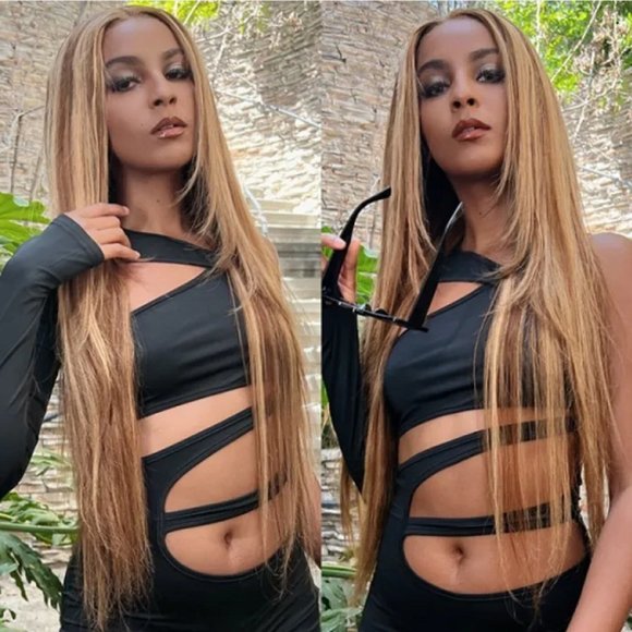 Straight Honey Blond Highlight Lace Front Virgin Human Hair Wigs - Picture 1 of 7